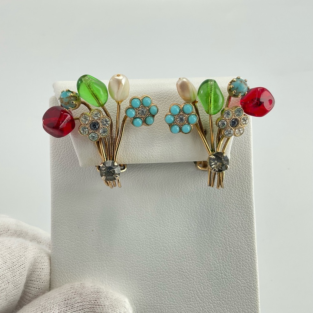 Vintage Flower Bouquet Clip OnEarrings:  Glass, Rhinestones & Faux Pearl, MCM
